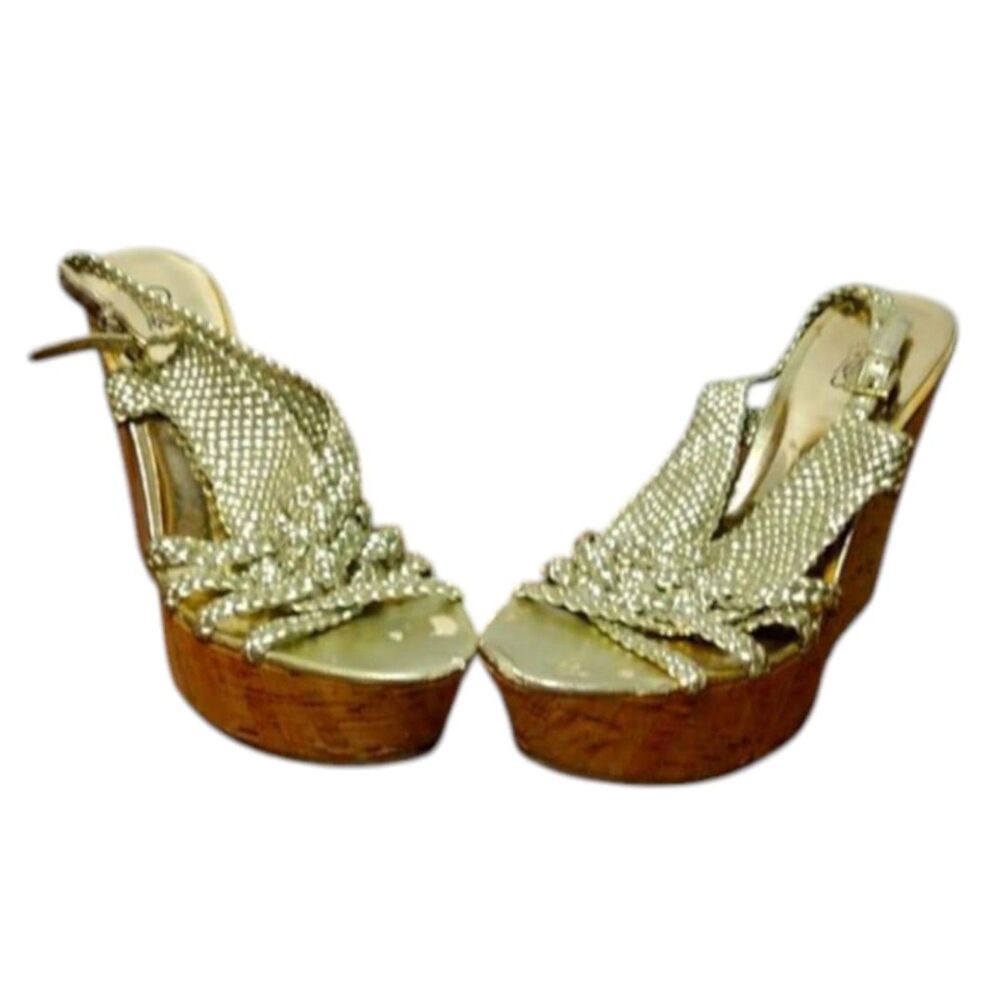 Carlos Santana Gold Woven Cork Platform Wedges 8.5M!